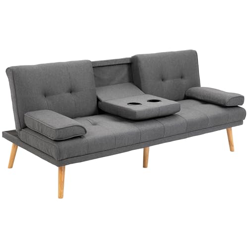HOMCOM Divano Letto 3 Posti Convertibile Reclinabile con 2 Braccioli Staccabili, Divano Pieghevole 3 in 1 Imbottito 181x77x78 cm in Tessuto e Legno con Tavolino da Caffè per Soggiorno, Grigio Scuro
