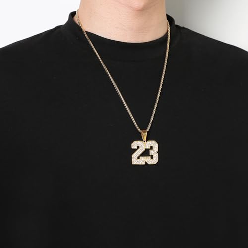 AsAlways 18K Gold Plated Cubic Zirconia Number 23 Basketball Pendant Necklace Men Women Stainless Steel Box Link Chain 22+2 Inch2