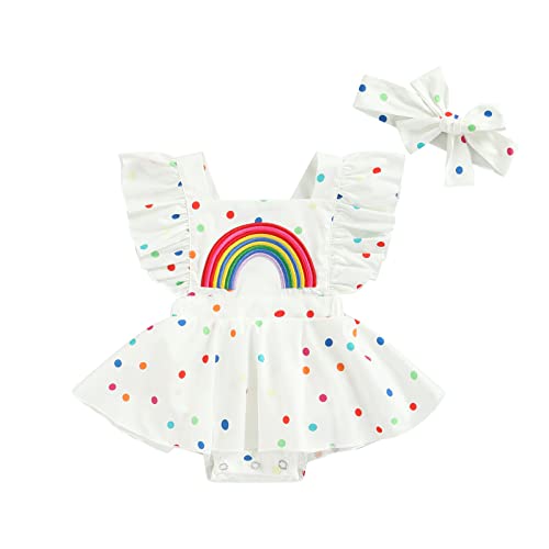 Baby Girl Summer Romper Dress Cute Rainbow Dots Ruffle Sleeve Backless Jumpsuit Skirt Infant Outfits (White, 18-24 Months)
