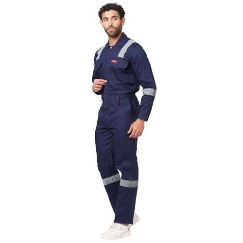 FRENCH TERRAIN® MEN'S COTTON INDUSTRIAL BOILER SUIT (COVERALLS) WITH REFLECTIVE TAPE, SIZE 44-2XL, NAVY BLUE.