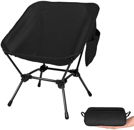 TOBTOS Ultralight Camping Chair, Portable Durable Folding Chair with Carry Bag and Side Pocket for Outdoor Camp, Travel, Beach, Picnic, Hiking, Backpacking (Black)