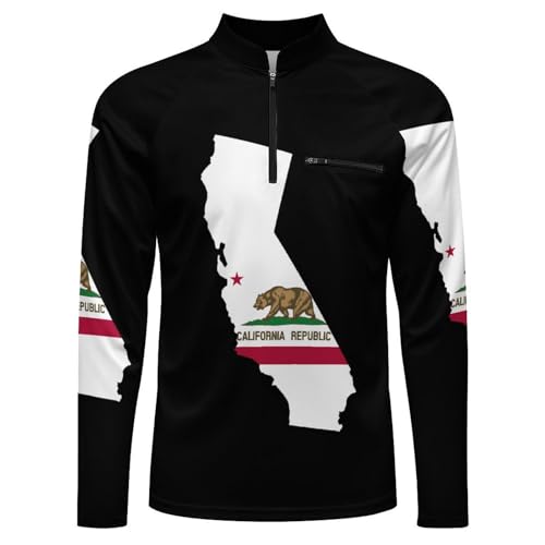 State Map Outline of California Flag Men's Rash Guard Long Sleeves Quick Dry Fishing Workout Shirts with Zipper4