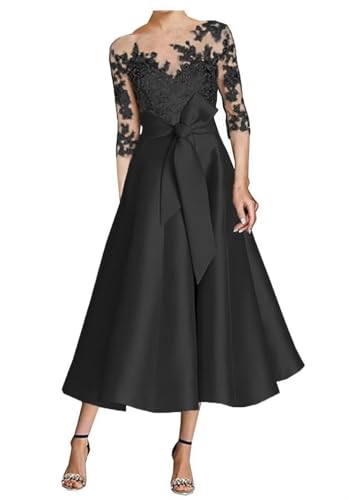 Satin Tea Length Mother of The Bride Dresses for Wedding 3/4 Sleeve Lace Applique Mother of The Groom Dresses for Women