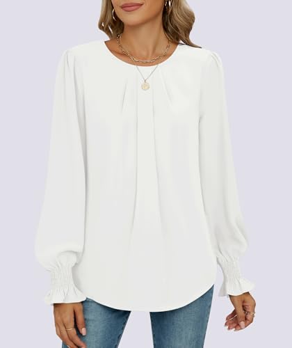 Funlingo Womens Tops Dressy Casual Smocked Long Sleeve Shirts Pleated Crew Neck Loose Chiffon Blouses Fall 20253