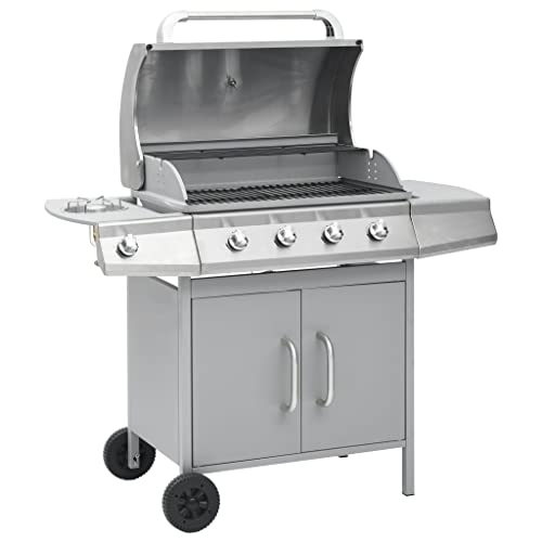 Vidaxl Barbacoa Grill De Gas 4+1 Quemadores Lateral Bbq Parrilla Estufas Cocina Fiesta Jardín Patio Terraza Balcón Exterior Almacenaje Plateada