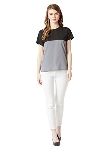 Image of Miss Chase Women's Navy Blue and Yellow Round Neck Boxy Top