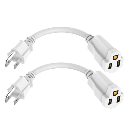 2 Pack Power Extension Cord 0.5FT/6Inch Short 3 Prong Electric Extension Cable Outlet Saver Single Outlet Heavy Duty Waterproof Flexible 16 AWG 13A 125V Outdoor & Indoor Extender Wires(White)