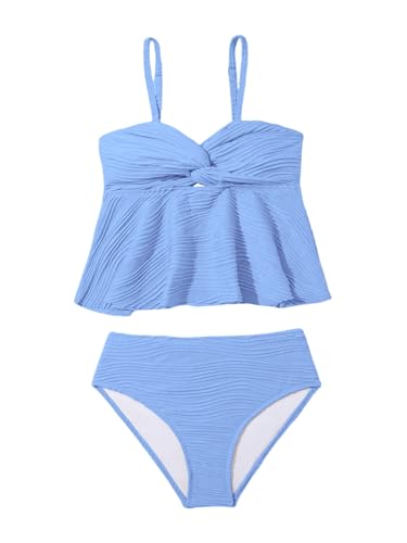 Image of OYOANGLE Girl's 2 Piece Tankini Swimsuit Textured Twist Front Ruched Ruffle Bikini Set Bathing Suits