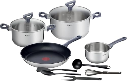 Tefal Daily Cook   Juego de Sartén antiadherente 28 cm + 2 Ollas 20/24 cm + Cazo 16 cm + 5 Accesorios, Apto inducción, Thermo Fusion, marcas medición, apto lavavajillas y horno, acero inoxidable