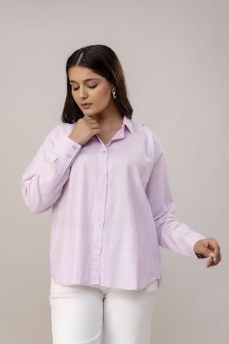 Image of Women's Linen Blend Shirt | Casual Collared Button Down Shirt for Women | Solid Color Full Sleeve Oversized Fit | Summer Casual & Office Wear Top