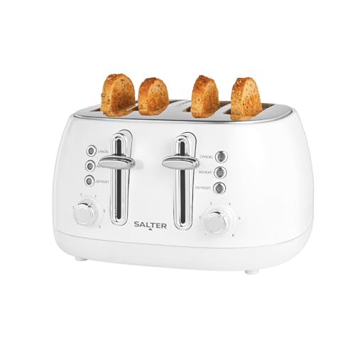 Salter Boston 4-Slice Toaster – Wide Slots, 6 Browning Levels, Defrost, Reheat and Cancel, Bagels, Teacakes, Thick Bread, High-Lift Eject, Removable Crumb Tray, Self-Centring, 1960W, Ice White Shimmer