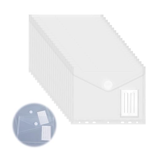 20 Stück Dokumententasche A5, 23x18cm Umschlagmappen zum Abheften Dokumentenmappe Sichttaschen mit Klettverschluss und Etikettentasche, Sammelmappen Wasserdicht für Dokument Organisieren (7 Löcher)