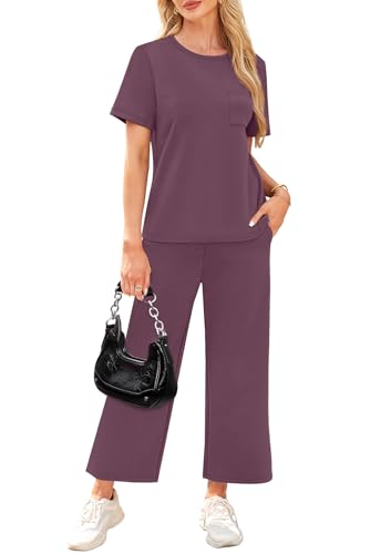 Image of WIHOLL 2 Piece Sets for Women Casual Summer Travel Vacation Outfits Short Sleeve Wide Leg Crop Pants Lounge Sets