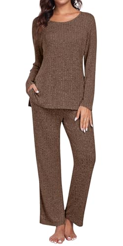 TAOHUADAO Womens Lounge Set Long Sleeve Pajama Sets 2 Piece Pj Outfits Casual Ribbed Knit Sleepwear with Pockets