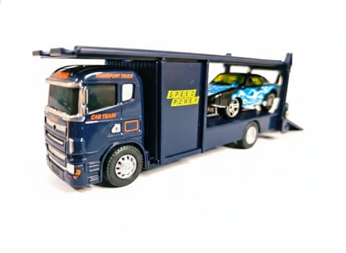 Image of Die Cast Transport Truck with Sports Car for Toddlers | Kids Trailer Toy with Mini Racing Car | Metal Carrier Vehicle for Boys and Girls 3+ Years | Friction Powered Transporter Toys (Blue)