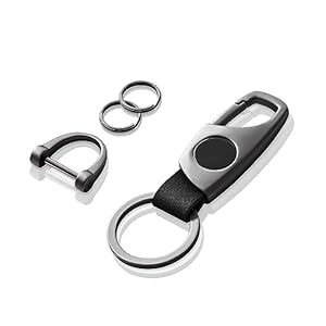 Gkeygo Carabiner Keychain, Key Chains for Car Key with 2 Key Rings and Anti-Lost D-Ring, Multifunctional Leather Keychains for Men and Women â Grey(Black Leather)