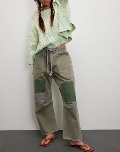 Yoawdats Y2k Baggy Barrel Jeans Women Drawstring Low Rise Wide Leg Boyfriend Patchwork Jeans Casual Cropped Denim Pants4