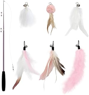 SONGWAY Cat Feather Stick Toy - 7 PCS Cat Feather Toys, 1 Cat Teaser Wand with 6 Feather Refills with Bell, Interactive Cat Toy Wand for Indoor Cat and Kitten, Pink