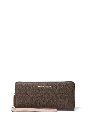 Image of Michael Kors Jet Set Travel Continental, Gold-Tone Hardware /MK Signature Coated Twill /Brown /Soft Pink