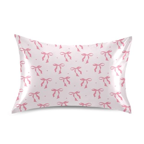 KEEPREAL Pink Ribbon Bow Satin Pillowcase for Hair and Skin Silk Pillowcase - Satin Pillow Covers with Envelope Closure, Standard Size(20x26 inches)