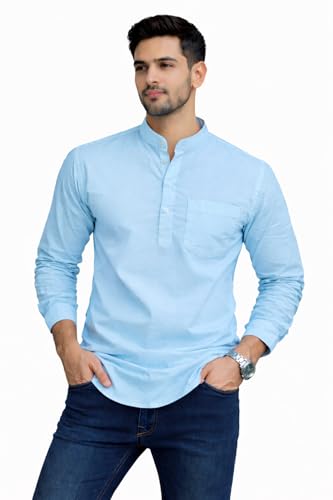 Image of Men's Cotton Kurta, Mandarin Collar Short Kurta, Long Sleeve Casual Shirt for Summer