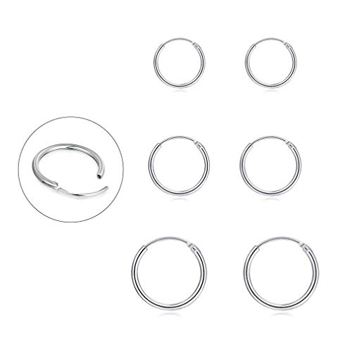 Silver Hoop Earrings for Women Men Girls- Cartilage Earring Endless Small Hoop Earrings Set,3 Pairs of Hypoallergenic 925 Sterling Silver Tragus Earrings Nose Lip Rings (8mm/10mm/12mm)