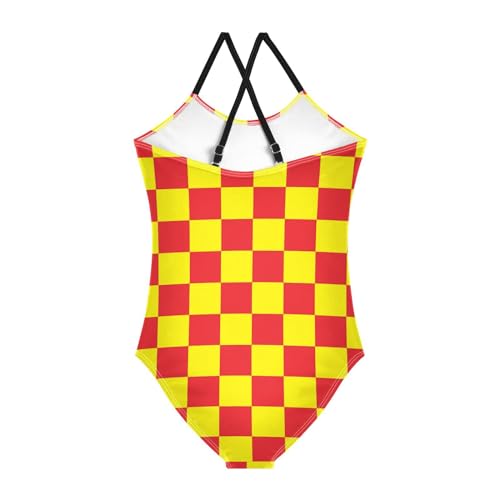 Image of Black and White Chess Girls One Piece Swimsuits Board Marble Tile Sport Halter Swimwear Beach Bathing Suit 3T