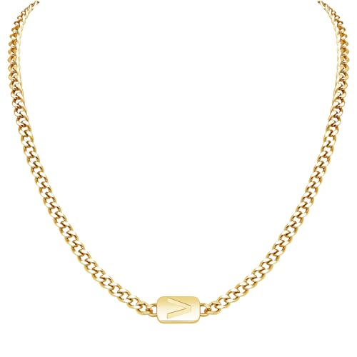VNOX Silver/Gold/Black Initial Necklace for Men - A-Z Letter Necklaces Cuban Link Chain Pendant Neckless for Mens Womens Valentines Day Christmas Birthday Jewelry Gift V Gold