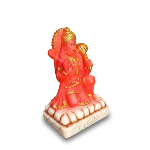 Image of Hanuman Ji Murti 5 inch Height Idol Blessing with Gada Sitting Lord Balaji Bajrangbali Sankat Mochan Bhagwan Idol for Temple Car Dashboard Home Decor Statue Gifts (Orange)