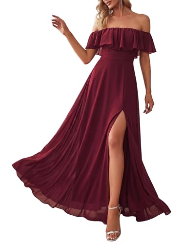 Ever-Pretty Women's Elegant Off The Shoulder Side Split Flowy Chiffon Maxi Bridesmaid Dress Formal Wedding Guest Dresses Burgundy US16