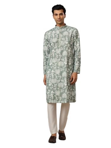 Image of Manyavar Men's Cotton Blend Floral Print Full Sleeves Long Kurta Pyjama Set (2pcs)