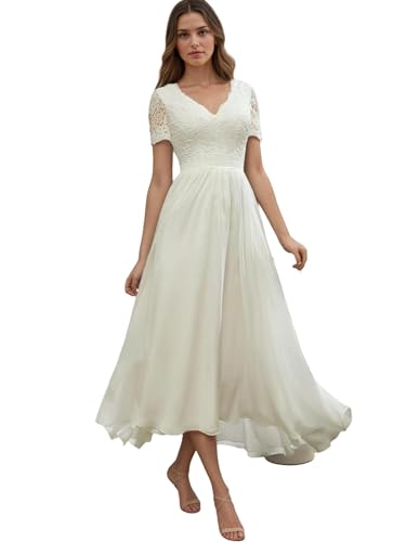 Beyonddress Robe de mariée midi en tulle pour mariée - Longueur du thé - Style bohème - Dentelle - Avec manches - Pour femme, E-ivoire, 46