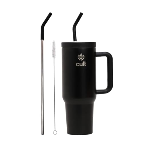 Image of Cult 1200ml Stainless Steel Insulated Tumbler with Handle, Straw & Cleaner Double Wall Vacuum Bottle for Hot & Cold Drinks Leakproof Travel Mug Reusable for Gym, Office & Travel Black
