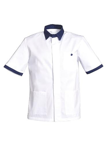 Tunique médicale Homme Veste de Travail Manches Courtes col et Revers de Manches contrastés Polyester Coton épais (FR/ES, Alpha/Lettres, L, Taille Normale, Taille Normale, Blanc)