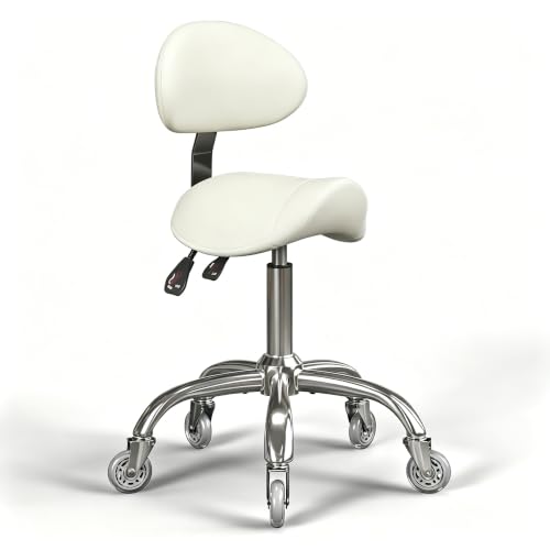 Image of Saddle Stool with Back Support, 350LBS Ergonomic Rolling Chair, Beige | 350 LBS Load, Height Adjustable, 360 Swivel Casters, Ergonomic Backrest, Multi-Use for Salon, Tattoo, Spa, Dentist