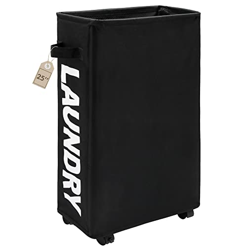Image of TOTANKI 25" Rolling Slim Laundry Basket on Wheels, Foldable Laundry Hamper with Handle, Collapsible Laundry Sorter and Organizer, Tall Storage Basket Bin (Black)