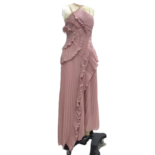 Women Ruffle Pleated Long Dress Sleeveless Halter Irregular Tiered Pleated Flowy Chiffon Dresses for Wedding Guest4