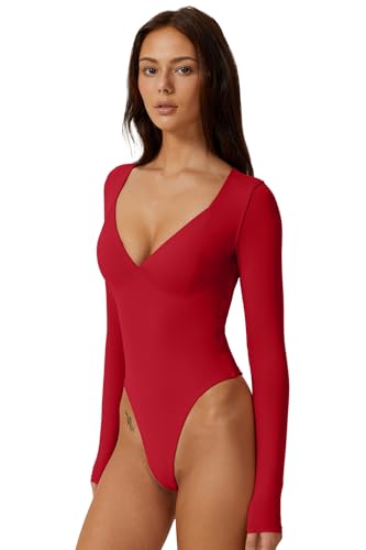 Image of QINSEN Women's Long Sleeve Bodysuit V Neck Body Suits Seamed Cup Going Out Tops Shirt