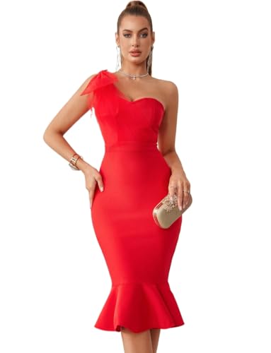 Image of Mesh One Shoulder Bow Midi Dress Fishtail Bandage Cocktail Party Wedding Bridesmaid Evening Gown