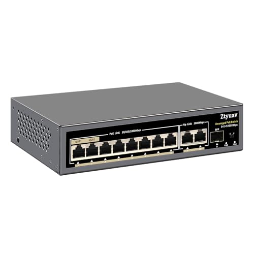 Ztyuav 11-Port Gigabit Unmanaged PoE Switch Complete with 8 PoE+ Ports at 120W, 2 Uplink and 1 SFP Slot IEEE802.3af/at, QoS, Auto PD Detection, 6KV Protection