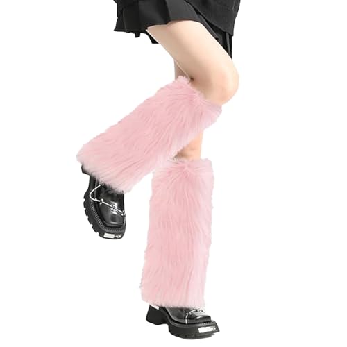 MUNSKT 40cm Fuzzy Leg Warmers Faux Fur Fluffy Boots for Women Warm Y2K Christmas Boot Cuffs for Music Party Costumes (Pink One Size)