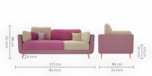 Image of Velvet Contemperory Sofa Couch with Cushion Chaise Lounge Sectional Perfect for Living Room & Bedroom Guests Home & Office (3 Seater Pink & Beige)
