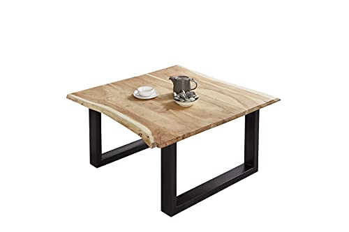 SAM Couchtisch 90 x 90 cm Billy, echte Baumkante, Akazienholz naturfarben, massiver Sofatisch, U-Metallgestell Mattschwarz