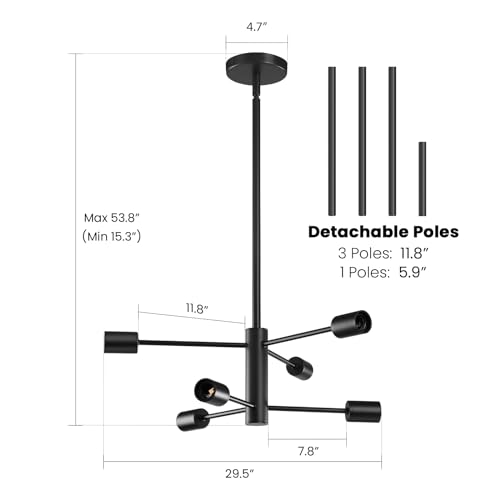 image for RUIYEY Modern Sputnik Chandeliers Light, 6-Light Black Chandeliers for