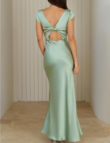 Image of Halfisland Womens Summer Satin V Neck Cap Sleeve Midi Dress Wedding Guest | 2026 Summer,Backless,Hollow Out,Long,Formal,Cocktail,Twist,Bridesmaid,Party,Baby Shower,Short Sleeve,Beach,Elegant,Evening