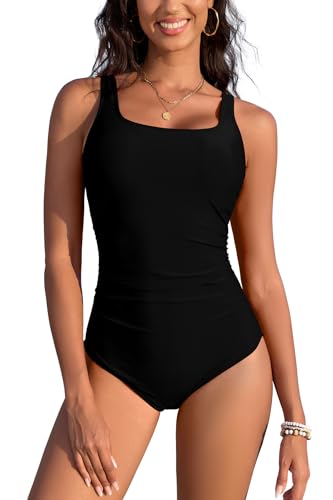 Image of SHEKINI Women's Underwire Swimming Costume One Piece Swimsuit Tummy Control Ruched Vintage Push up Bathing Suits Swimwear Black
