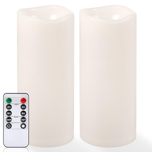 Image of NURADA Large Outdoor Flameless Candles 10 inch x 4 inch - Waterproof LED Pillar Flickering Candle Battery Operated with Timer Remote Control for Patio Porch Lanterns Decor - Long Lasting Set of 2