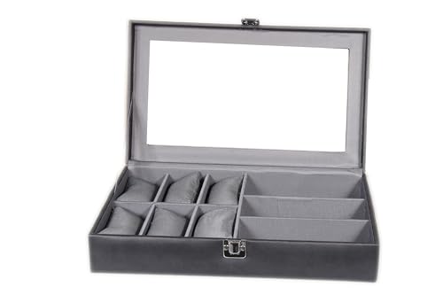 Image of Sukeshcraft 6 Slot Watch Organizer Case with Lock - Premium Black PU Leather Watch Box for Men - Sunglass Storage Compartment (Black Pu - Grey Velvet)