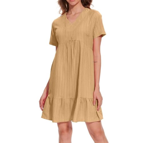 Vestidos de verano para la escuela, vestidos de verano para mujer, vestido de manga corta con cuello en V, plisado, holgado, casual, vestido corto de playa, vestido midi para mujer, casual, caqui, S