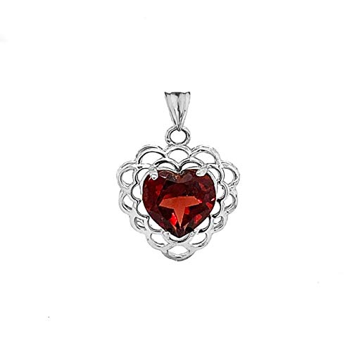 Certified 14k White Gold Genuine Garnet Filigree Heart-Shaped Pendant